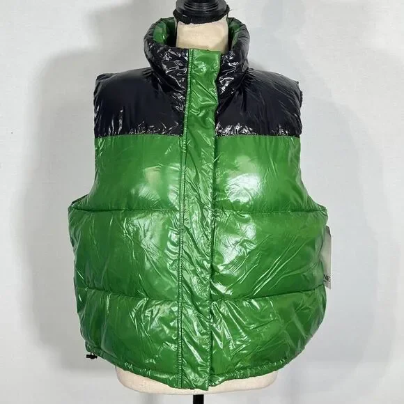 Bernie Bernardo Color Block Puffer Vest Green Black Women's Size Medium NWT - Picture 2 of 13